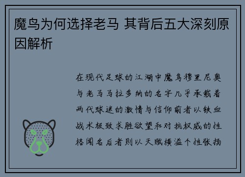 魔鸟为何选择老马 其背后五大深刻原因解析