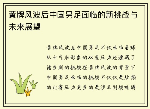 黄牌风波后中国男足面临的新挑战与未来展望