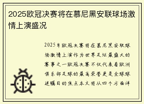2025欧冠决赛将在慕尼黑安联球场激情上演盛况