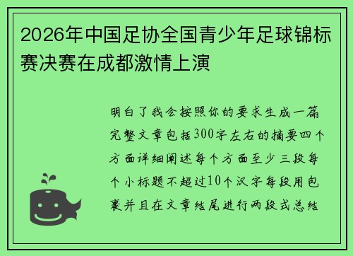 2026年中国足协全国青少年足球锦标赛决赛在成都激情上演
